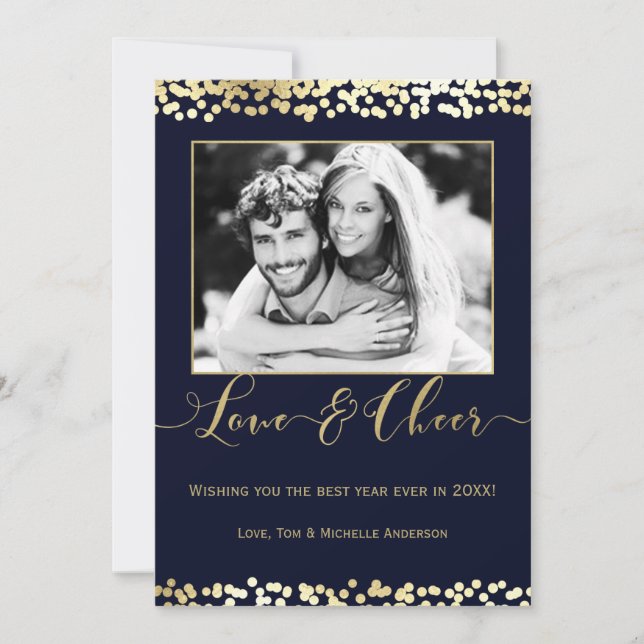 Dark Blue & Gold LOVE & CHEER New Years Photo Holiday Card (Front)