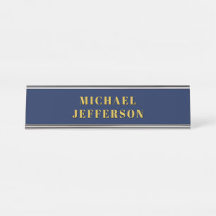 Dark Blue & Gold Minimalist Plain Modern Own Name Desk Name Plate