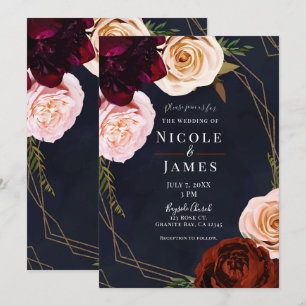 Dark Blue & Gold Modern Rustic Floral Wedding Invitation