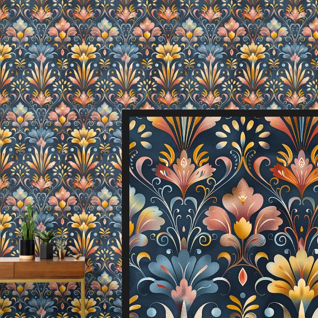Dark Blue Gold Orange Art Nouveau  Wallpaper (Creator Uploaded)