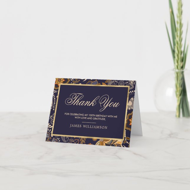 Dark Blue Gold Pattern 100th Birthday Thank You Card (Front)