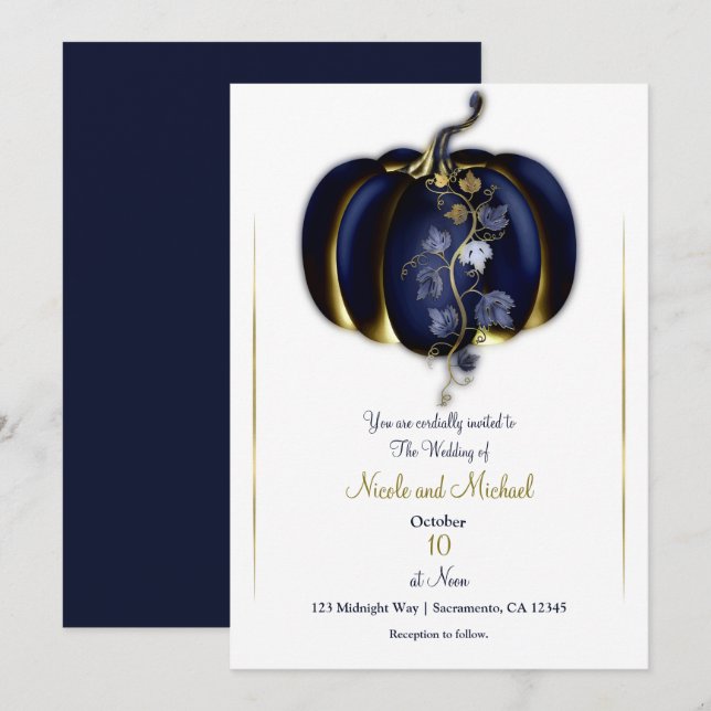 Dark Blue & Gold Pumpkin Storybook Fall Wedding Invitation (Front/Back)