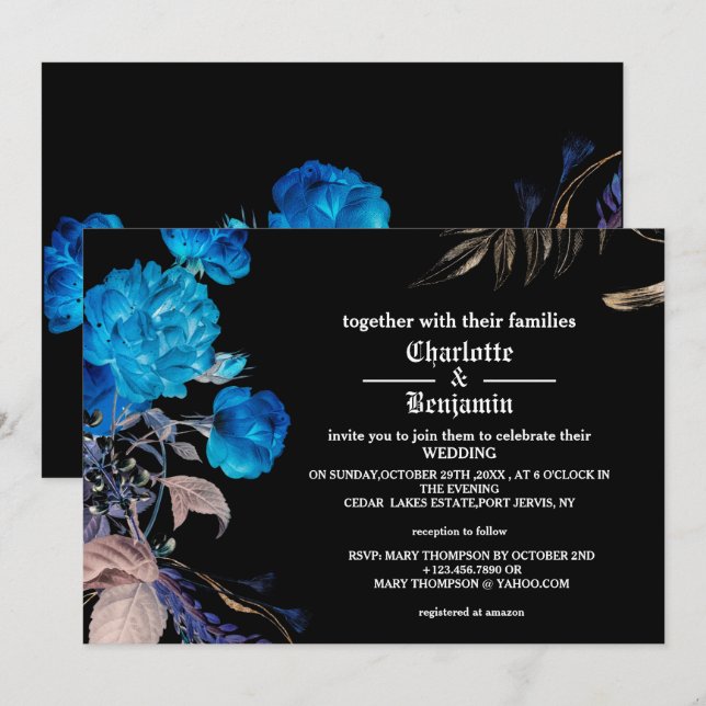 Dark Blue & Gold Rose Gothic Wedding Invitation (Front/Back)