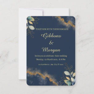 Dark Blue Gold Watercolor Wash Modern Wedding  Invitation