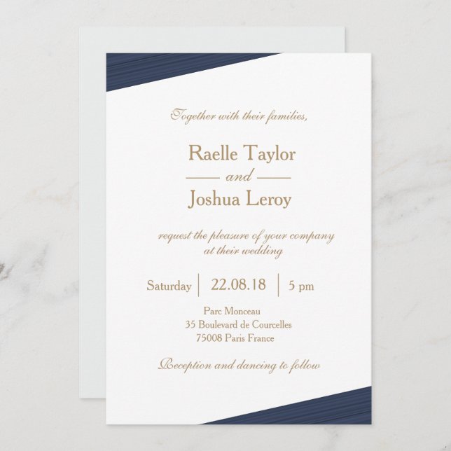 Dark blue gold white grey subtle stripes wedding invitation (Front/Back)