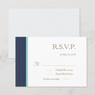 Dark blue gold white subtle stripes wedding RSVP Invitation