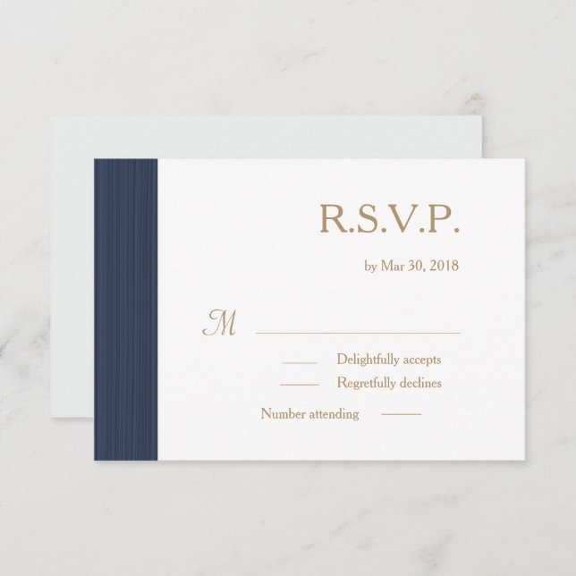 Dark blue gold white subtle stripes wedding RSVP Invitation (Front/Back)