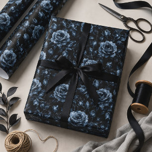 Dark Blue Gothic Roses Victorian Floral Wrapping Paper Sheet