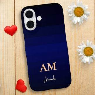 Dark Blue Gradient Colour Stripes with Monogram iPhone 16 Case