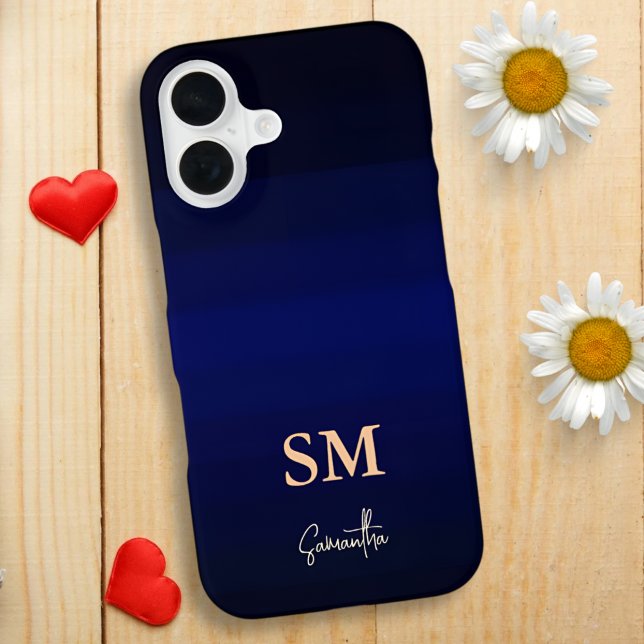 Dark Blue Gradient Colour Stripes with Monogram iPhone 16 Case (Creator Uploaded)