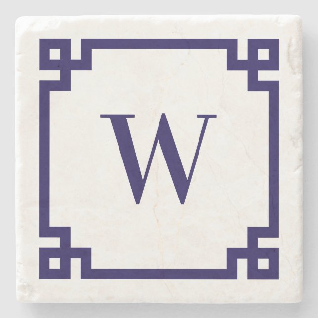 Dark Blue Greek Key Border Monogram Stone Coaster (Front)