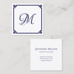 Dark Blue Greek Key Calligraphy Monogram Square Business Card