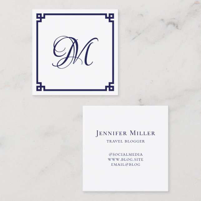 Dark Blue Greek Key Calligraphy Monogram Square Business Card (Front/Back)