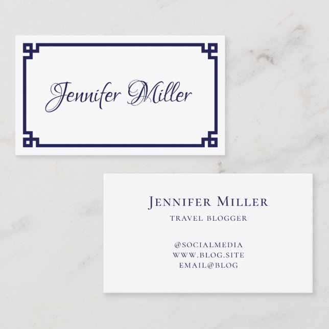 Dark Blue Greek Key Minimalist Business Card (Front/Back)