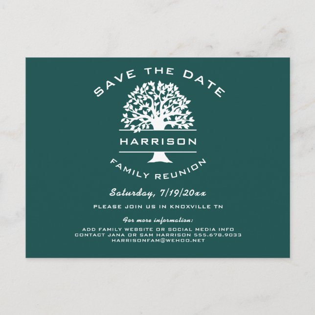 Dark Blue Green Family Tree Reunion Save the Date Announcement Postcard (Front)