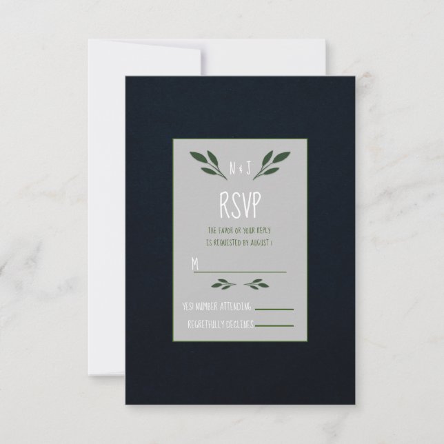 Dark Blue & Green Leaves Greenery Rustic RSVP (Front)