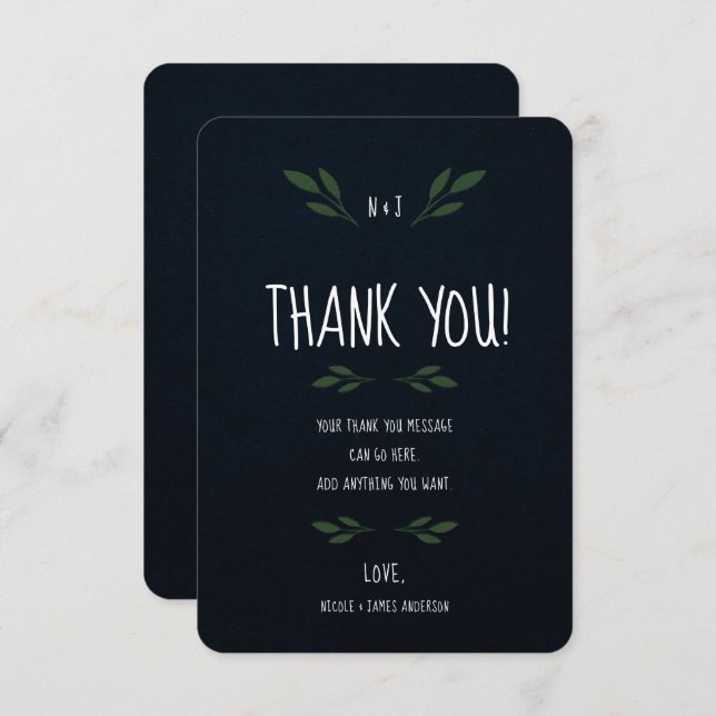 Dark Blue & Green Leaves Greenery Rustic Thank You Invitation (Front/Back)