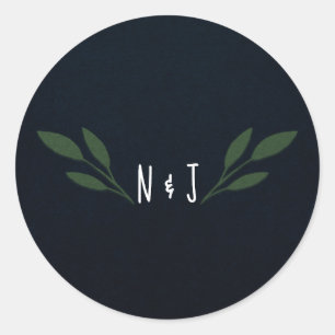 Dark Blue & Green Leaves Greenery Rustic Wedding Classic Round Sticker