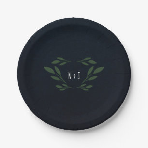 Dark Blue & Green Leaves Greenery Rustic Wedding Paper Plate