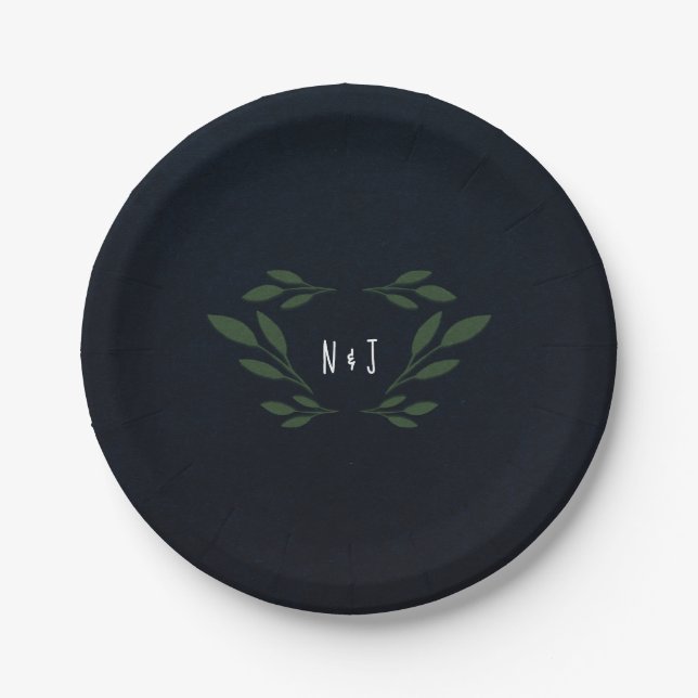 Dark Blue & Green Leaves Greenery Rustic Wedding Paper Plate (Front)