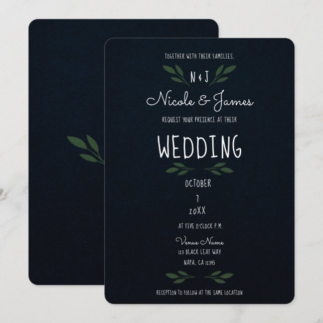 Dark Blue Green Leaves Modern Greenery Wedding Invitation (Front/Back)