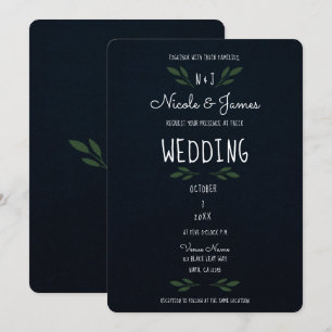 Dark Blue Green Leaves Modern Greenery Wedding Invitation