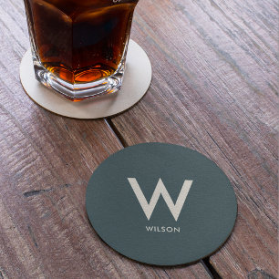 Dark Blue Green Monogram Personal Party Round Paper Coaster