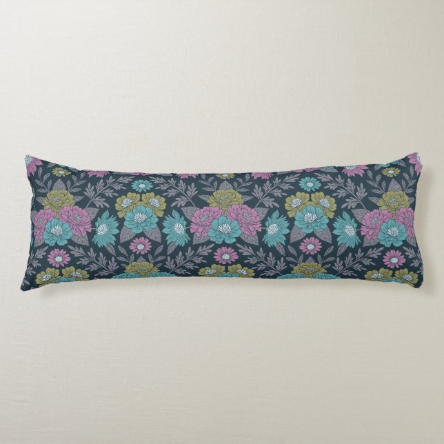 Dark Blue, Green & Purple Floral Body Cushion (Front)