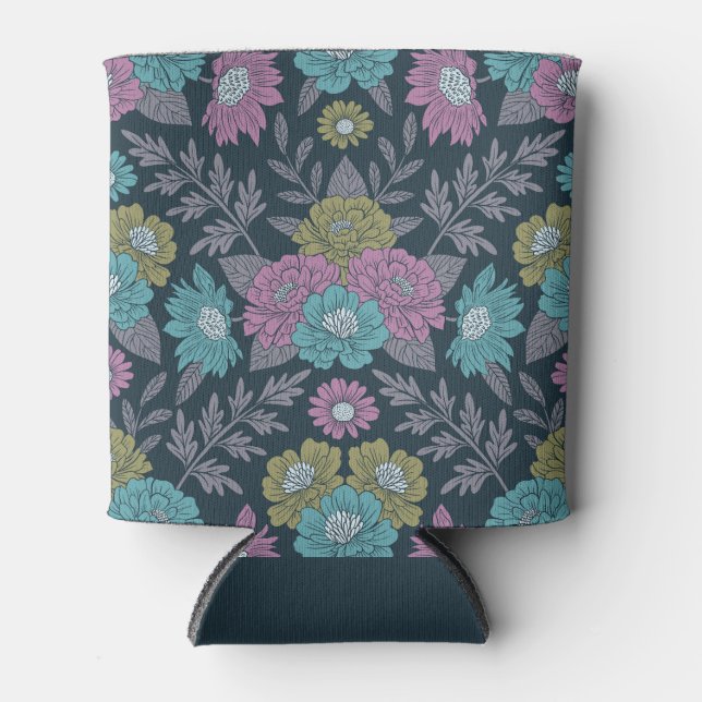 Dark Blue, Green & Purple Floral Can Cooler (Front)