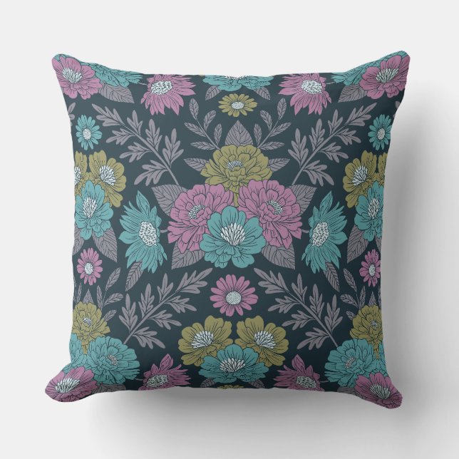 Dark Blue, Green & Purple Floral Cushion (Front)