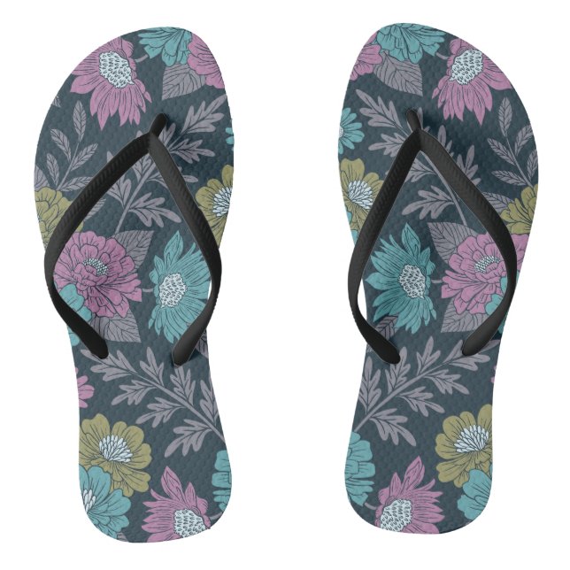 Dark Blue, Green & Purple Floral Flip Flops (Footbed)