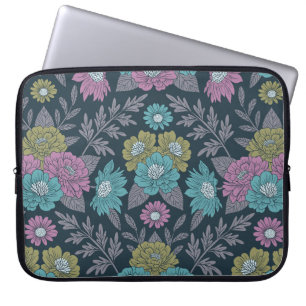 Dark Blue, Green & Purple Floral Laptop Sleeve