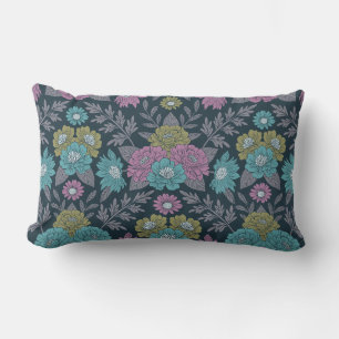 Dark Blue, Green & Purple Floral Lumbar Cushion
