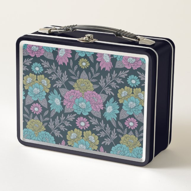 Dark Blue, Green & Purple Floral Metal Lunch Box (Front)