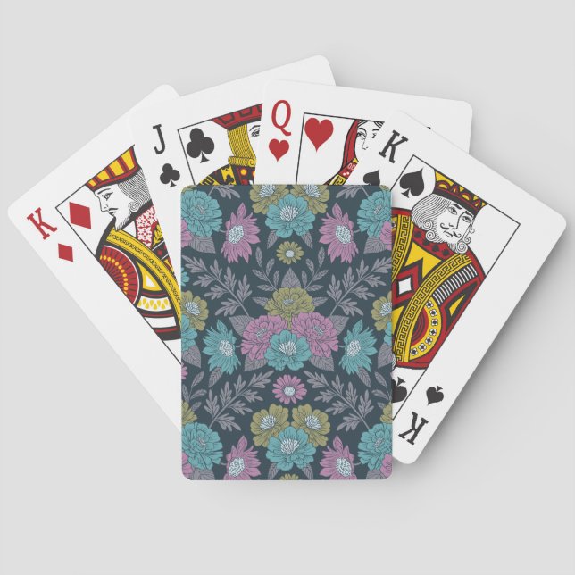 Dark Blue, Green & Purple Floral Playing Cards (Back)
