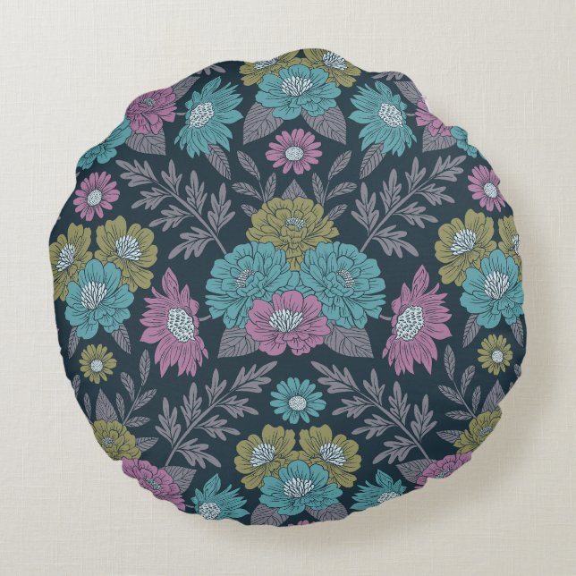 Dark Blue, Green & Purple Floral Round Cushion (Back)