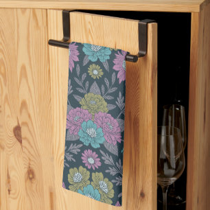 Dark Blue, Green & Purple Floral Tea Towel