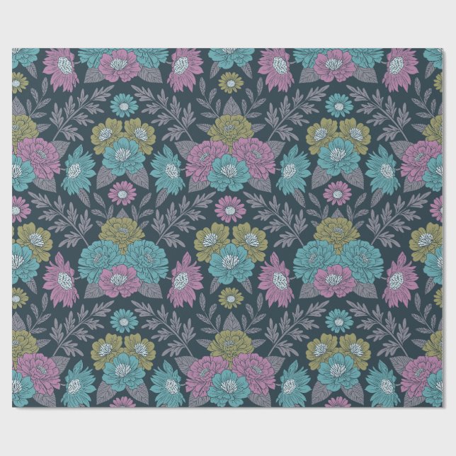 Dark Blue, Green & Purple Floral Wrapping Paper (Flat)
