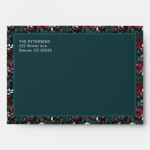 Dark Blue Green Winter Peonies Pattern Christmas Envelope
