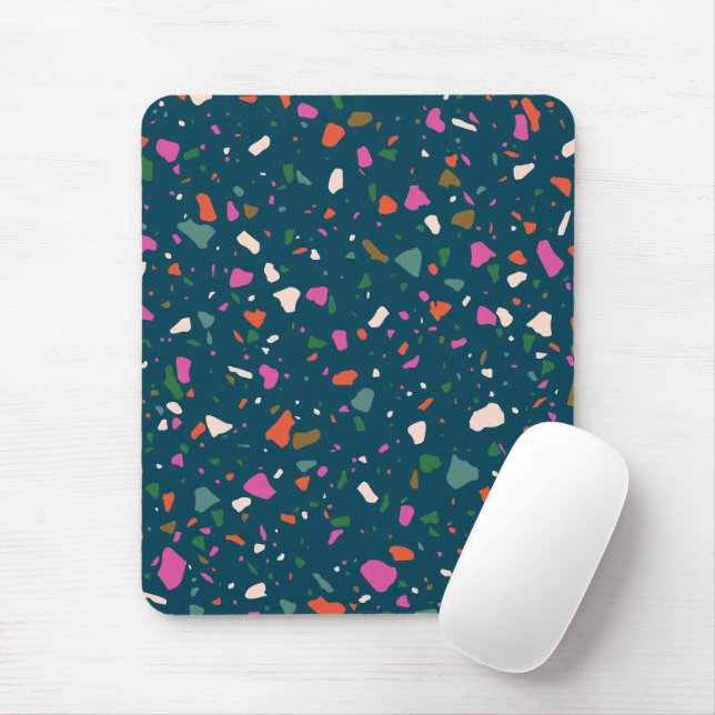 Dark Blue Green with Pink Orange Teal Terrazzo Mouse Mat (With Mouse)