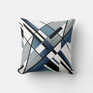 Dark Blue Grey Black White Diagonal Angular Design Cushion