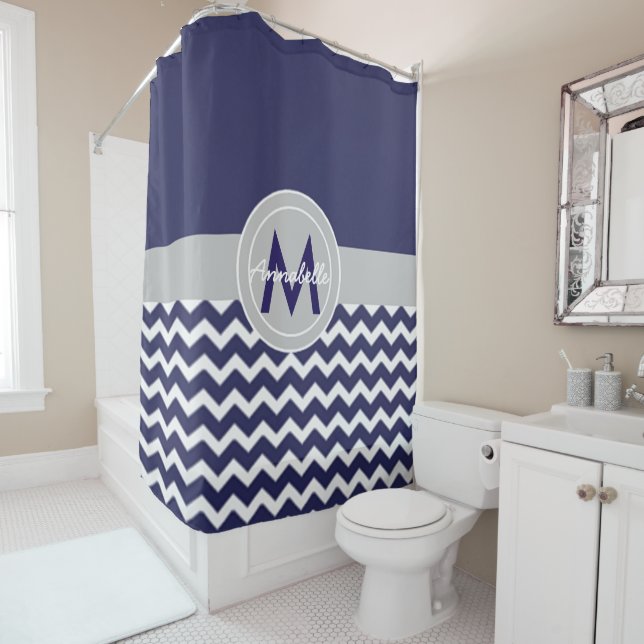 Dark Blue Grey Chevron Shower Curtain (In Situ)