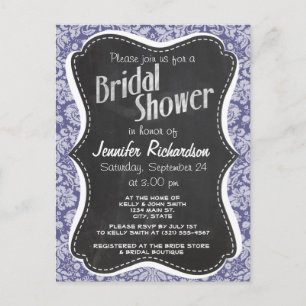 Dark Blue-Grey Damask; Vintage Chalkboard Invitation Postcard