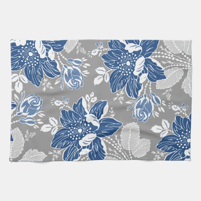 Dark Blue Grey Floral Kitchen Cloth Towel (Horizontal)