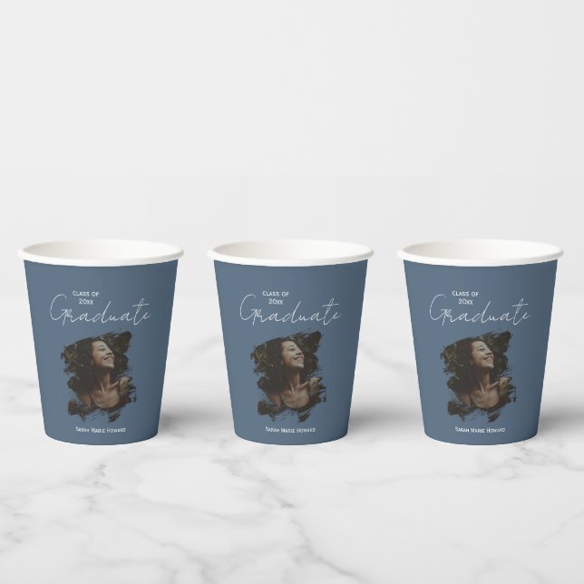 Dark Blue Grey Graduation Customisable Photo Text Paper Cups (Multi)