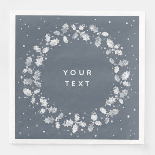 Dark Blue Grey Hand Printed Holly Wreath Christmas Napkin