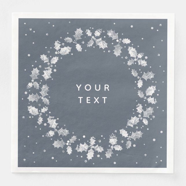 Dark Blue Grey Hand Printed Holly Wreath Christmas Napkin (Front)