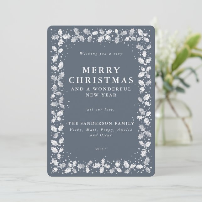 Dark Blue Grey Holly + Berry Border Flat Non Photo Holiday Card (Standing Front)