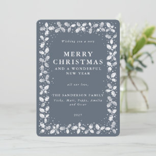Dark Blue Grey Holly + Berry Border Flat Non Photo Holiday Card