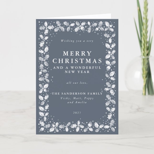 Dark Blue Grey Holly Leaves Border Non Photo Holiday Card (Front)